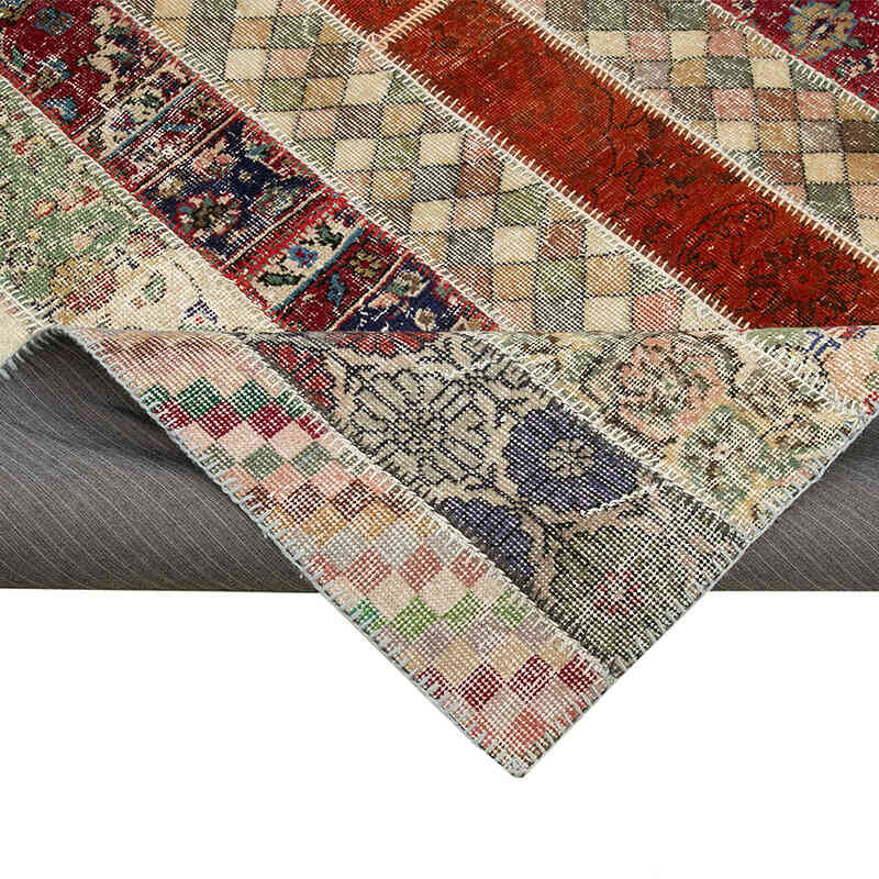 Multicolor, Red Patchwork Hand-Knotted Turkish Rug - 6' 8" x 10' 1" (80" x 121") - K0051233