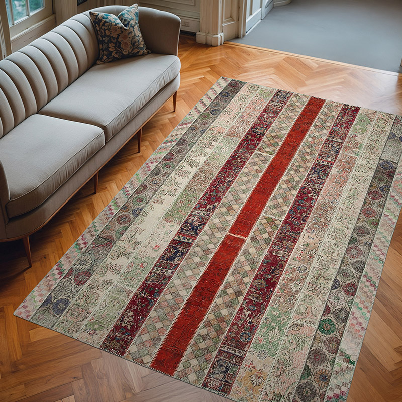 Multicolor, Red Patchwork Hand-Knotted Turkish Rug - 6' 8" x 10' 1" (80" x 121") - K0051233
