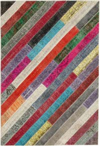 Multicolor Patchwork Hand-Knotted Turkish Rug - 6' 9" x 9' 9" (81" x 117")