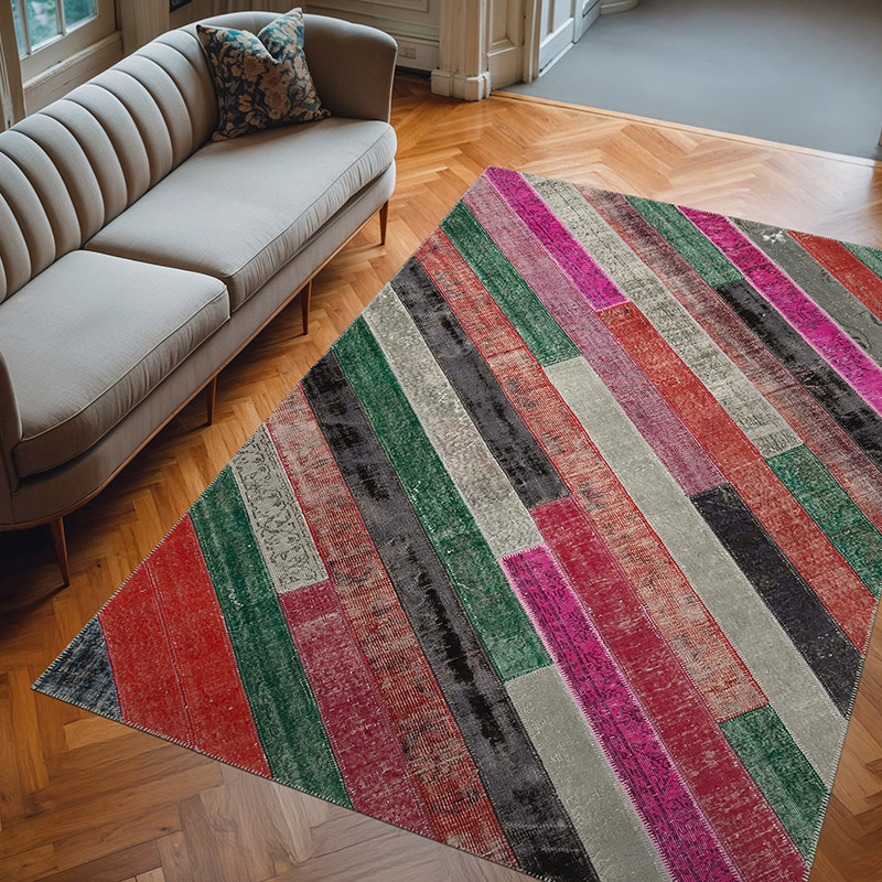 Çok Renkli, Kırmızı Boyalı Patchwork Halı - 200 cm x 290 cm - K0051239