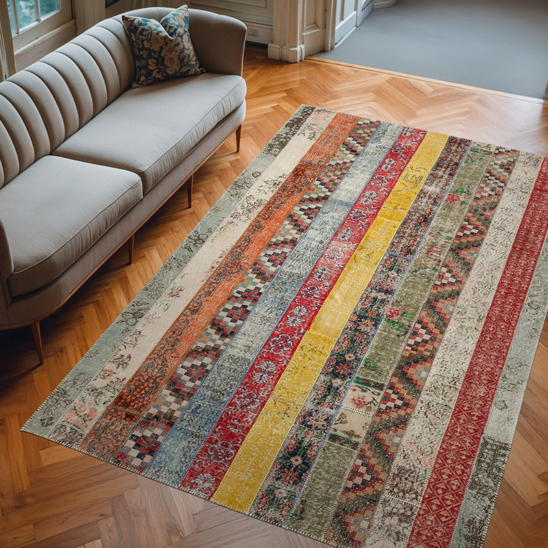 Multicolor, Red Patchwork Hand-Knotted Turkish Rug - 6' 8" x 10'  (80" x 120") - K0051242
