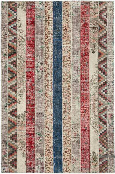 Multicolor, Red Patchwork Hand-Knotted Turkish Rug - 6' 8" x 10' 1" (80 in. x 121 in.)