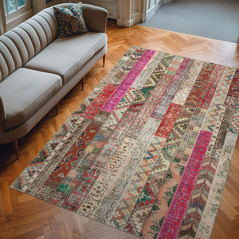 Kırmızı, Çok Renkli Patchwork El Dokuma Halı - 204 cm x 306 cm - K0051246