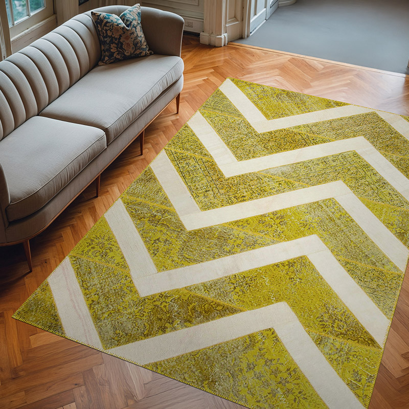 Yellow Patchwork Hand-Knotted Turkish Rug - 6' 8" x 9' 8" (80" x 116") - K0051250