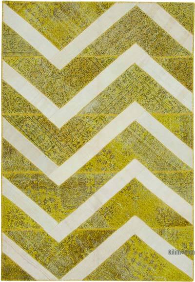 Yellow Patchwork Hand-Knotted Turkish Rug - 6' 8" x 9' 8" (80 in. x 116 in.)