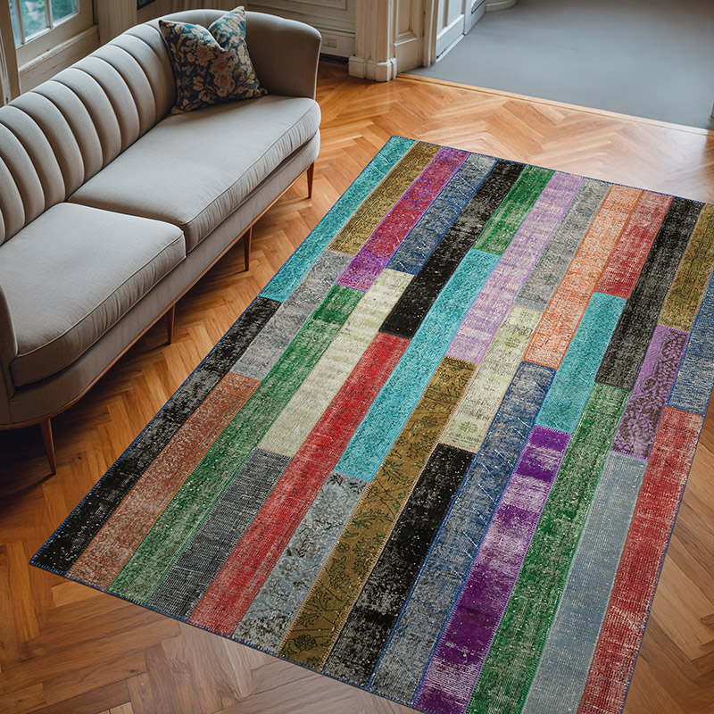 Multicolor Patchwork Hand-Knotted Turkish Rug - 6' 6" x 9' 11" (78" x 119") - K0051251