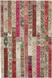 Multicolor, Red Patchwork Hand-Knotted Turkish Rug - 6' 8" x 10' 1" (80" x 121")