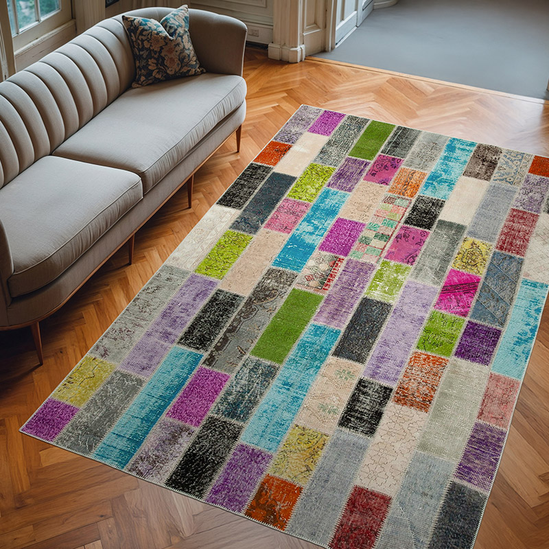 Multicolor Patchwork Hand-Knotted Turkish Rug - 6' 7" x 9' 11" (79" x 119") - K0051262
