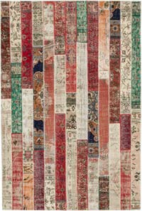 Multicolor, Red Patchwork Hand-Knotted Turkish Rug - 6' 7" x 9' 11" (79" x 119")