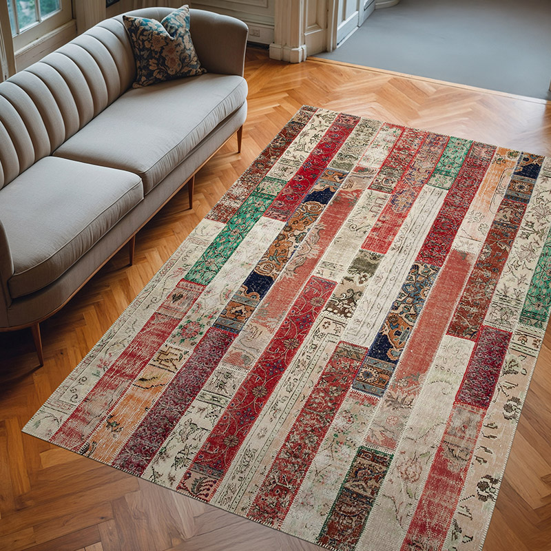 Çok Renkli, Kırmızı Boyalı Patchwork Halı - 201 cm x 302 cm - K0051264
