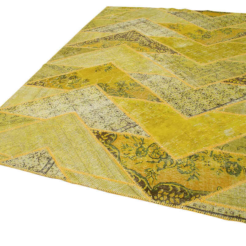 Yellow Patchwork Hand-Knotted Turkish Rug - 6' 9" x 10'  (81 in. x 120 in.) - K0051266