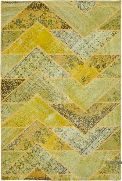 Yellow Patchwork Hand-Knotted Turkish Rug - 6' 9" x 10'  (81 in. x 120 in.)