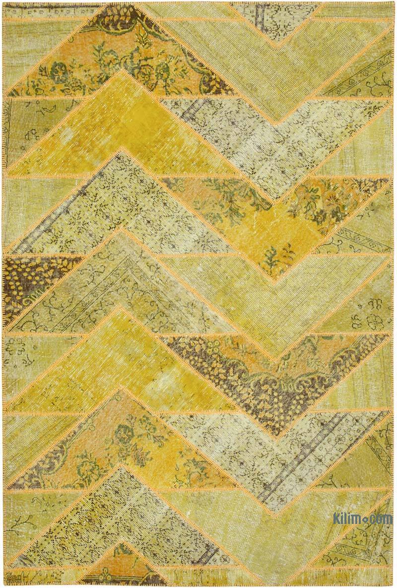 Yellow Patchwork Hand-Knotted Turkish Rug - 6' 9" x 10'  (81 in. x 120 in.) - K0051266