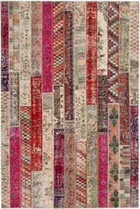 Multicolor, Red Patchwork Hand-Knotted Turkish Rug - 6' 8" x 10'  (80" x 120")