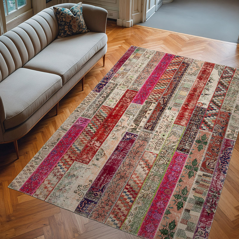 Çok Renkli, Kırmızı Patchwork El Dokuma Halı - 202 cm x 306 cm - K0051270