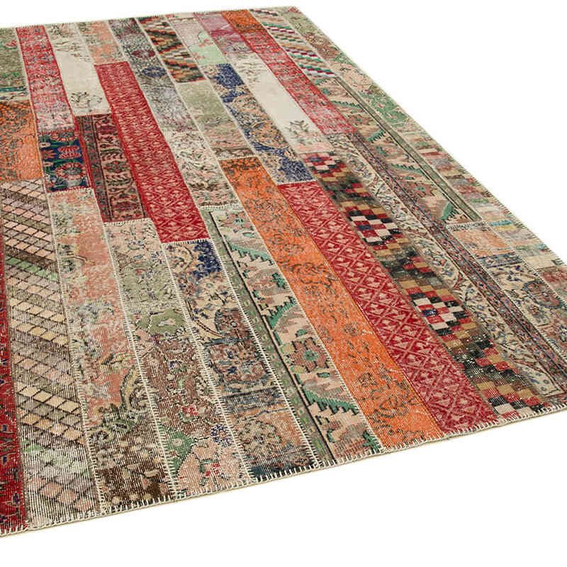 Red, Multicolor Patchwork Hand-Knotted Turkish Rug - 6' 8" x 10'  (80" x 120") - K0051272