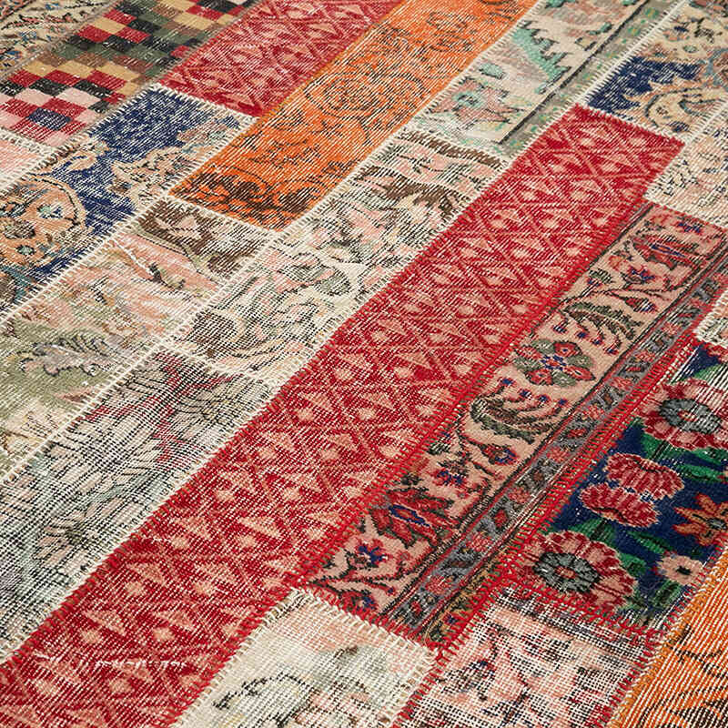 Red, Multicolor Patchwork Hand-Knotted Turkish Rug - 6' 8" x 10'  (80" x 120") - K0051272