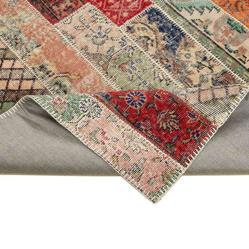 Red, Multicolor Patchwork Hand-Knotted Turkish Rug - 6' 8" x 10'  (80" x 120") - K0051272