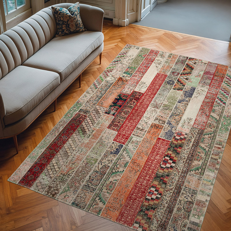 Red, Multicolor Patchwork Hand-Knotted Turkish Rug - 6' 8" x 10'  (80" x 120") - K0051272