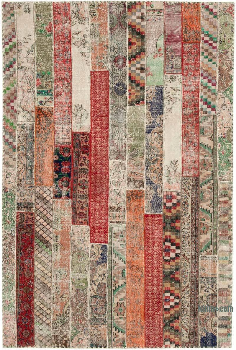 Red, Multicolor Patchwork Hand-Knotted Turkish Rug - 6' 8" x 10'  (80" x 120") - K0051272