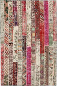 Red, Multicolor Patchwork Hand-Knotted Turkish Rug - 6' 9" x 10'  (81" x 120")