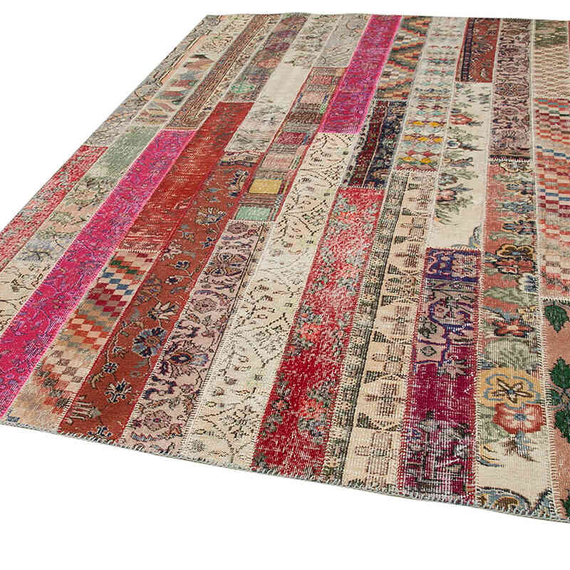 Red, Multicolor Patchwork Hand-Knotted Turkish Rug - 6' 9" x 10'  (81" x 120") - K0051274