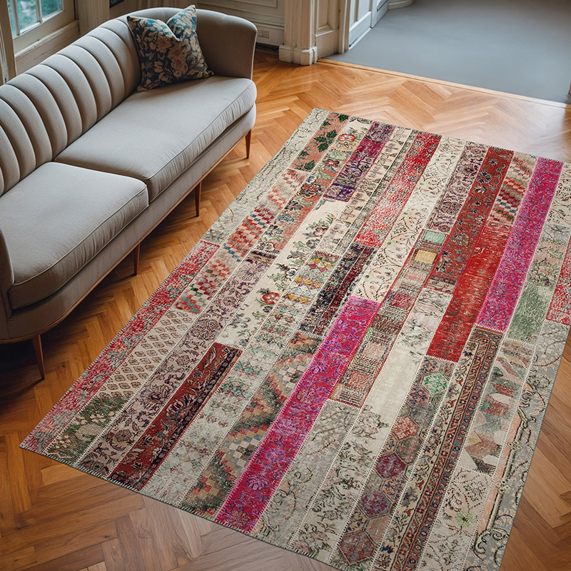 Red, Multicolor Patchwork Hand-Knotted Turkish Rug - 6' 9" x 10'  (81" x 120") - K0051274