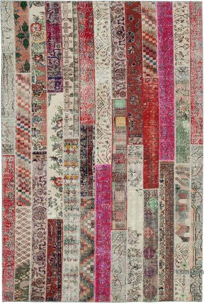 Red, Multicolor Patchwork Hand-Knotted Turkish Rug - 6' 9" x 10'  (81 in. x 120 in.)