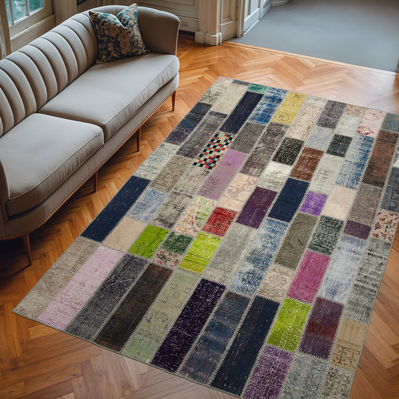 Multicolor Patchwork Hand-Knotted Turkish Rug - 6' 8" x 10'  (80" x 120") - K0051276