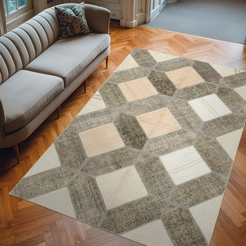 Gris, Beige Alfombra Turca de Retazos - 198 cm x 305 cm - K0051279