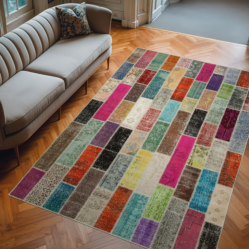 Multicolor Patchwork Hand-Knotted Turkish Rug - 6' 7" x 9' 10" (79" x 118") - K0051284