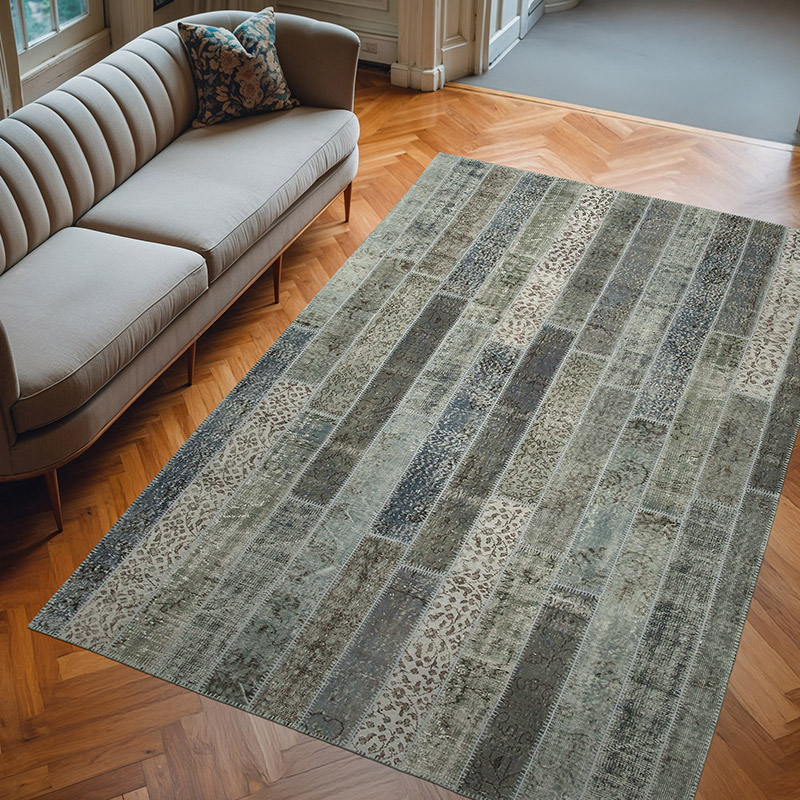 Gri Boyalı Patchwork Halı - 203 cm x 304 cm - K0051287
