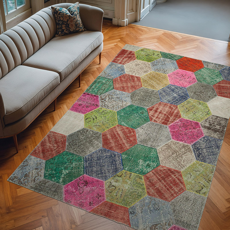 Multicolor Alfombra De Retazos Turca Sobre-teñida - 203 cm x 306 cm - K0051296