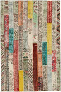 Multicolor, Red Patchwork Hand-Knotted Turkish Rug - 6' 8" x 10'  (80" x 120")