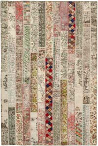 Multicolor, Red Patchwork Hand-Knotted Turkish Rug - 6' 8" x 10'  (80" x 120")