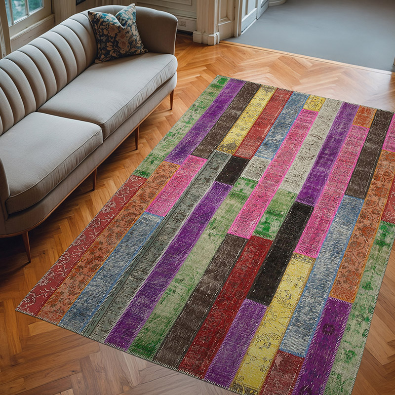 Multicolor Patchwork Hand-Knotted Turkish Rug - 6' 9" x 9' 11" (81" x 119") - K0051304