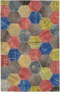 Multicolor, Red Patchwork Hand-Knotted Turkish Rug - 6' 8" x 10' 2" (80" x 122")