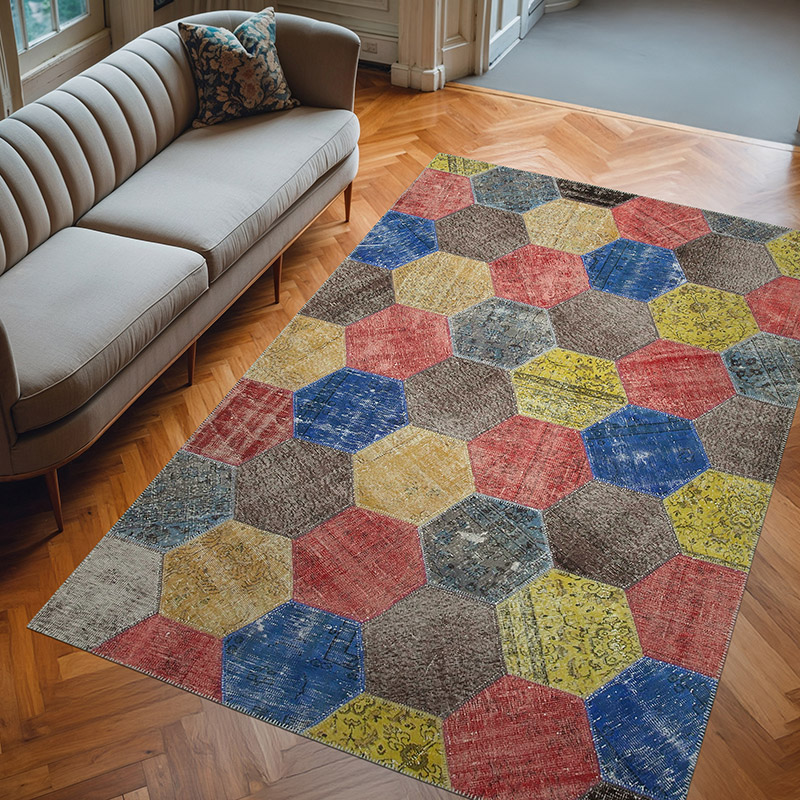 Çok Renkli, Kırmızı Boyalı Patchwork Halı - 202 cm x 309 cm - K0051305