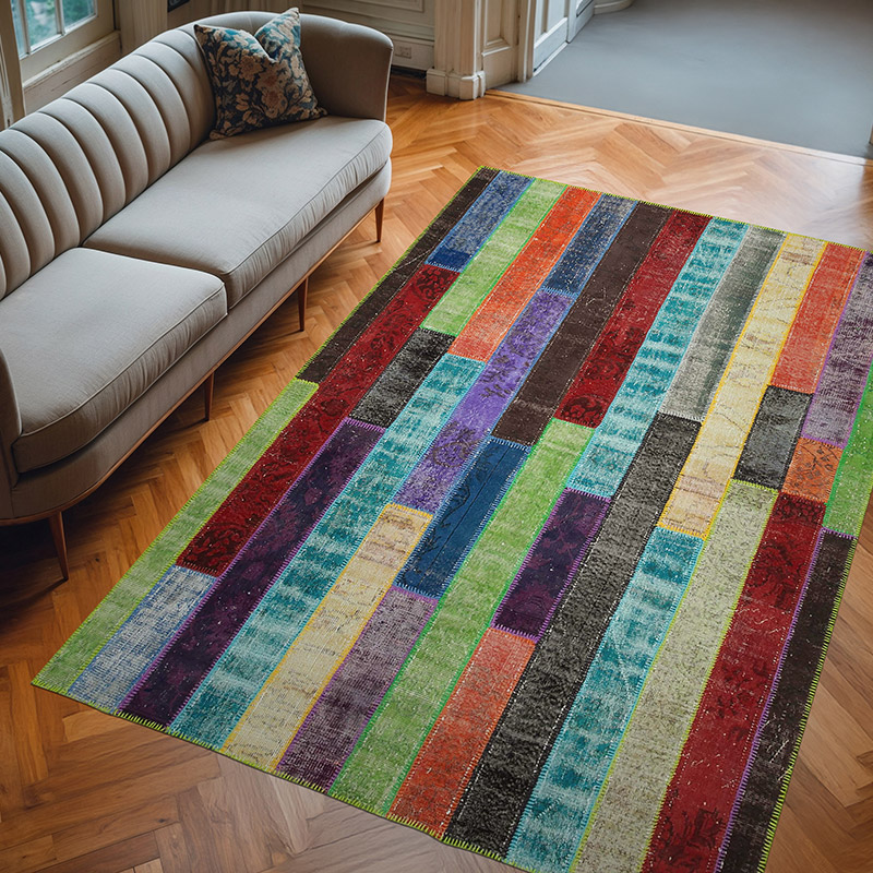 Multicolor Patchwork Hand-Knotted Turkish Rug - 6' 8" x 9' 11" (80" x 119") - K0051306