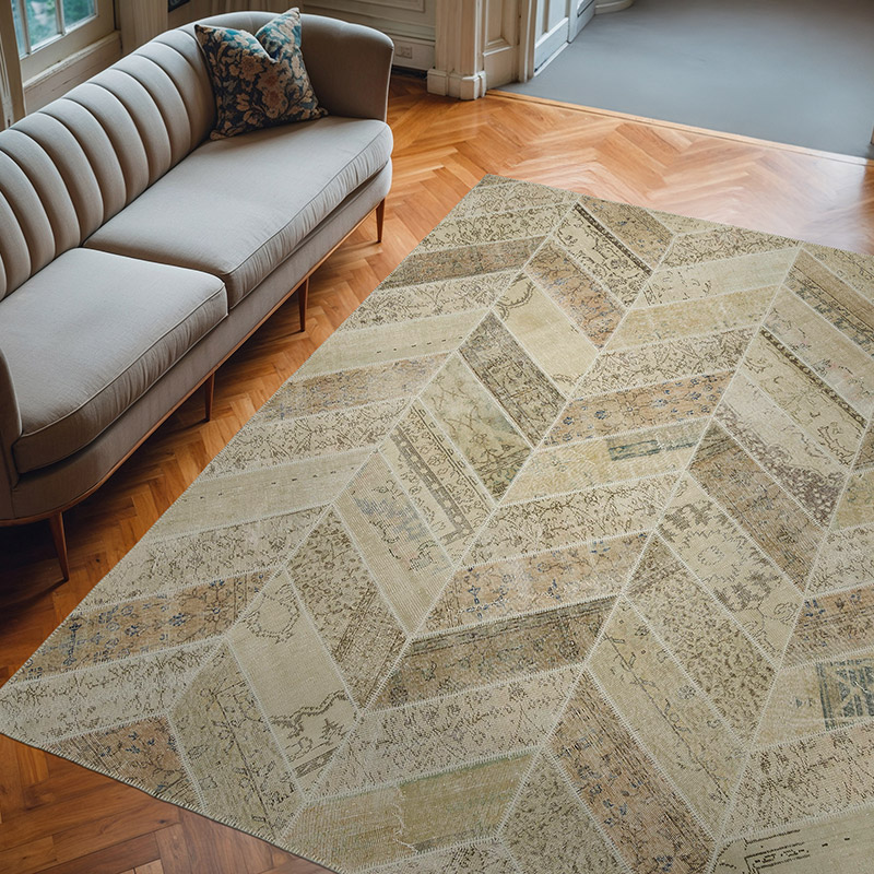 Beige Patchwork Hand-Knotted Turkish Rug - 8' 2" x 10' 3" (98" x 123") - K0051312