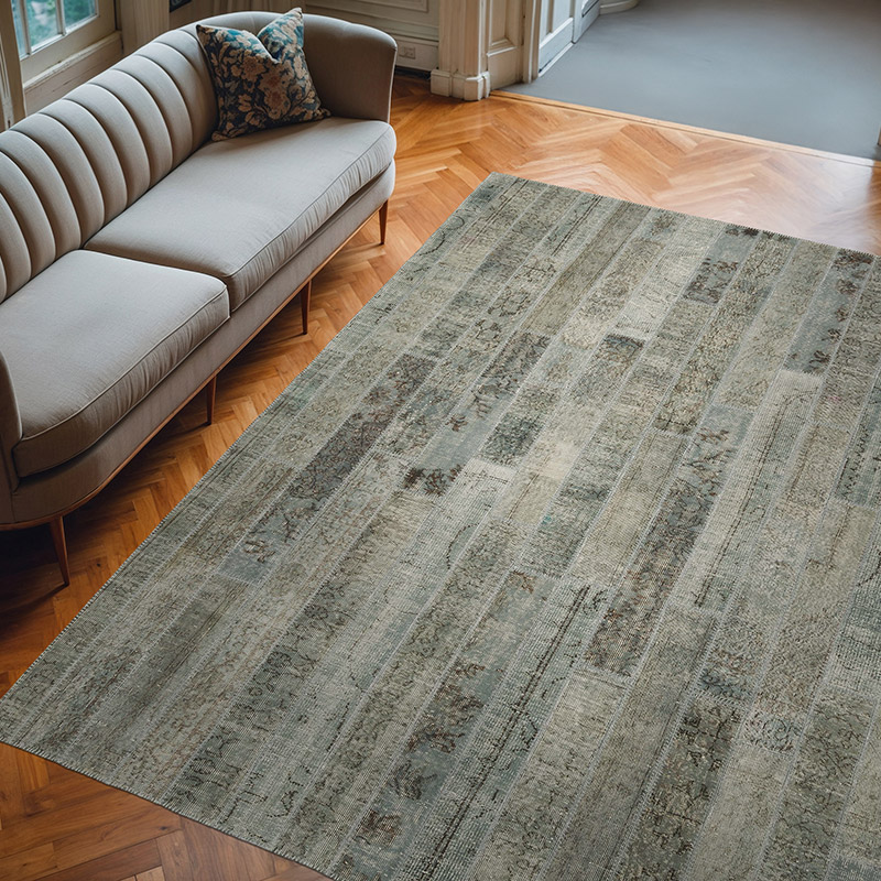 Gray Patchwork Hand-Knotted Turkish Rug - 8' 2" x 9' 11" (98" x 119") - K0051323