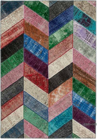 Multicolor Patchwork Hand-Knotted Turkish Rug - 5' 7" x 8' 1" (67 in. x 97 in.)