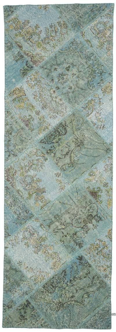 Açık Mavi Boyalı Patchwork Halı - 102 cm x 304 cm