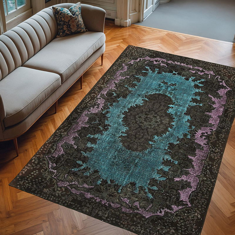 Turquesa Alfombra Tallada a Mano Sobre Teñida - 187 cm x 288 cm - K0051584