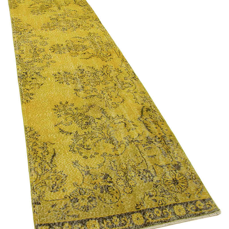 Sarı Boyalı El Dokuma Vintage Halı Yolluk - 85 cm x 337 cm - K0052131