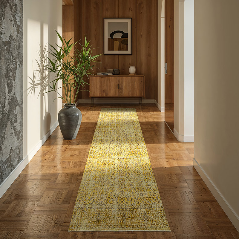Sarı Boyalı El Dokuma Vintage Halı Yolluk - 90 cm x 298 cm - K0052135