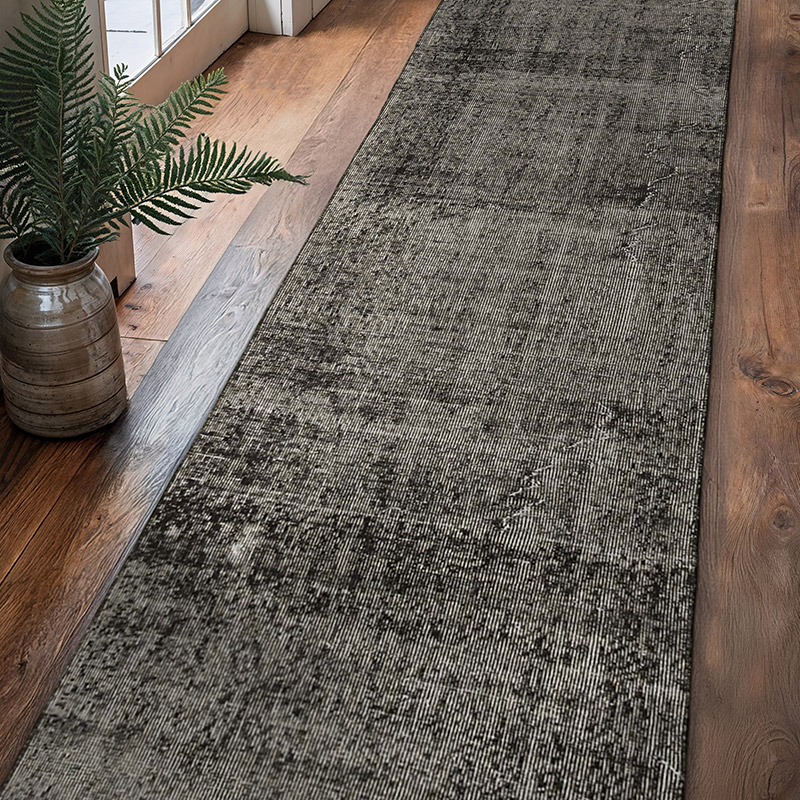 Siyah Boyalı El Dokuma Vintage Halı Yolluk - 82 cm x 317 cm - K0052141