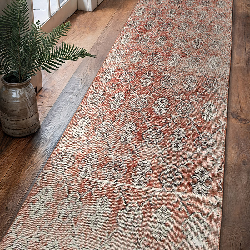 Kırmızı Boyalı El Dokuma Vintage Halı Yolluk - 92 cm x 335 cm - K0052160