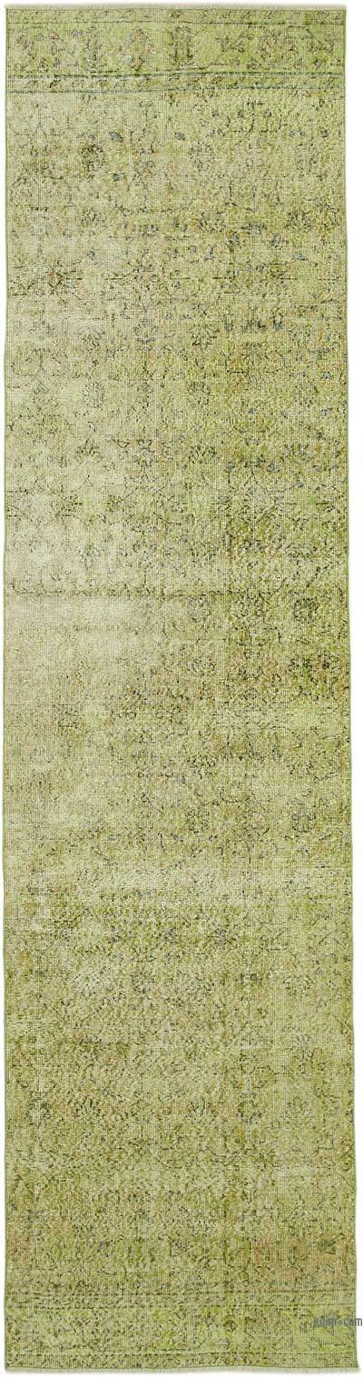 Yeşil Boyalı El Dokuma Vintage Halı Yolluk - 96 cm x 379 cm