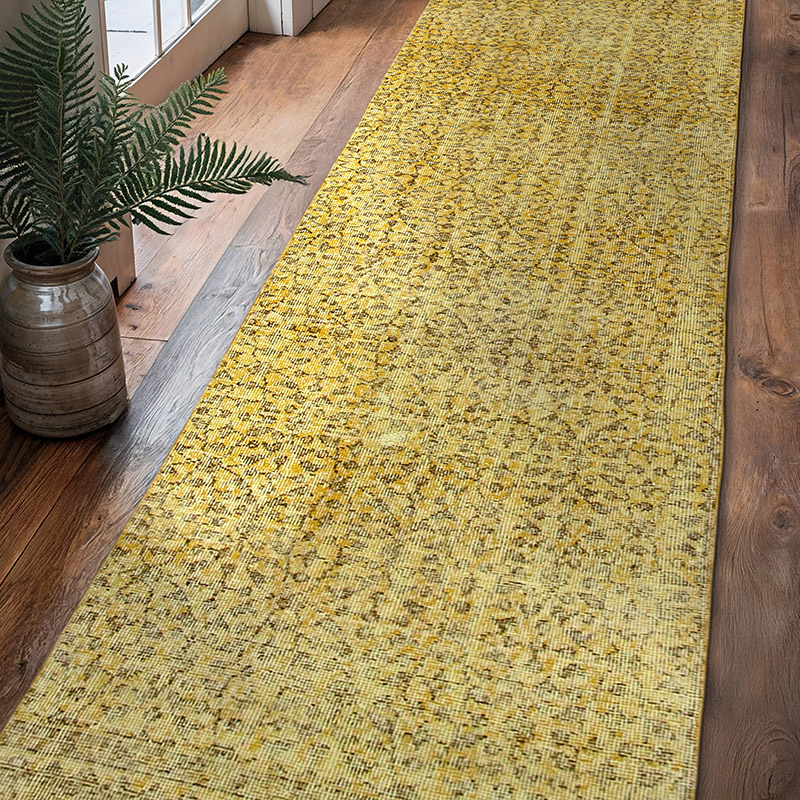 Sarı Boyalı El Dokuma Vintage Halı Yolluk - 80 cm x 314 cm - K0052194